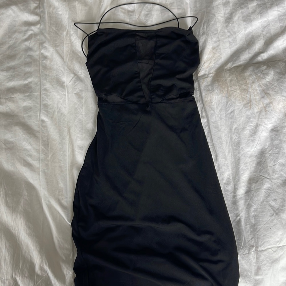 Black strappy mini dress with mesh cutouts